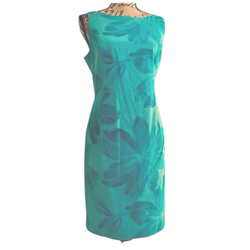 Sheath Lined Cotton Dress Sleeveless_Jones NY Aqua Blue with Flowers